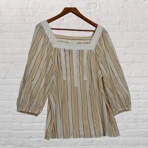 LC Lauren Conrad Striped Lace Trim Boho Blouse Square Neck 3/4 Sleeve L